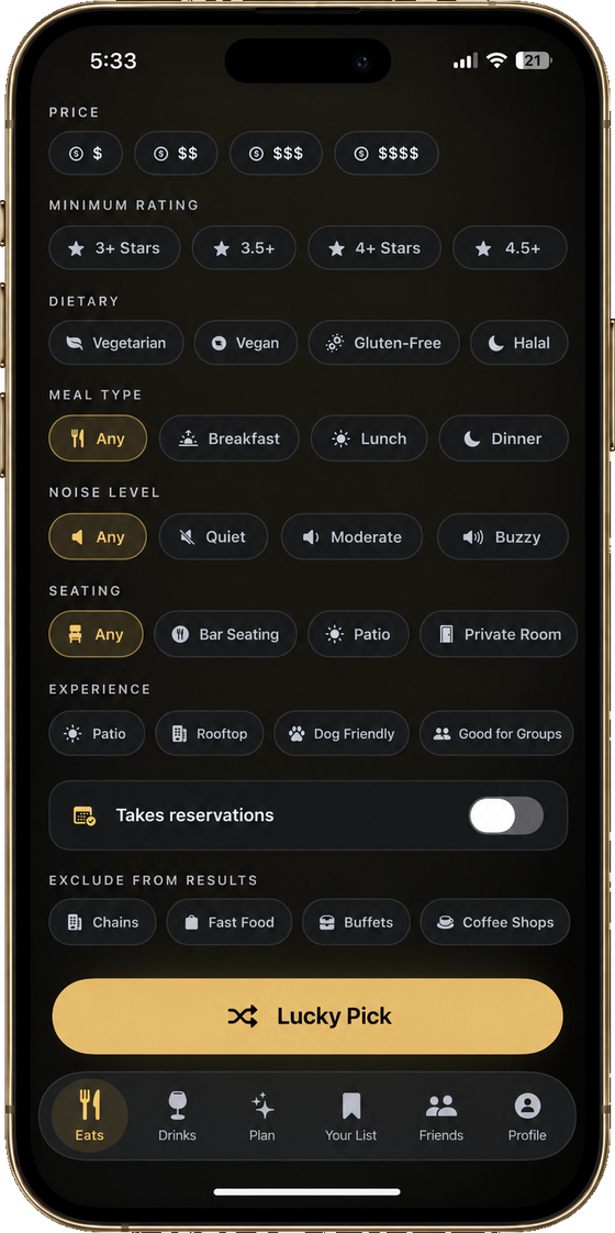 Setting dietary needs, budget, and group size in LuckyFork