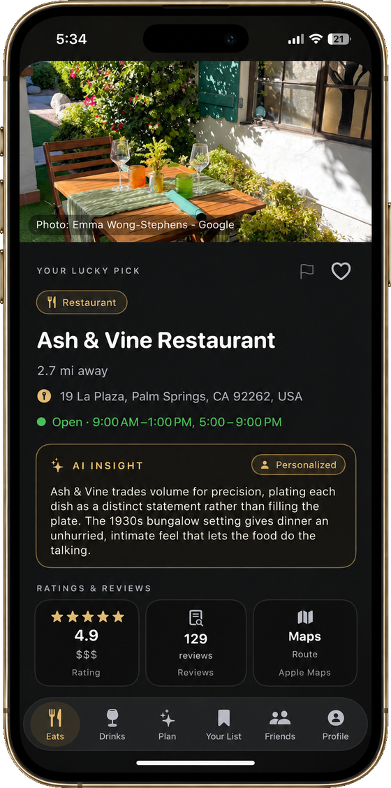 A finished evening plan with mapped stops in LuckyFork